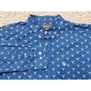 Ariat Men XXL Tall Long Sleeve Jai Shirt Steer Head Blue & White Button